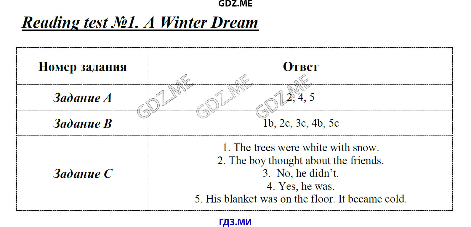Страница (упражнение) Reading test 1. A Winter Dream рабочей тетради. Ответ на вопрос упражнения Reading test 1. A Winter Dream ГДЗ контрольные по английскому языку 4 класс Кулинич