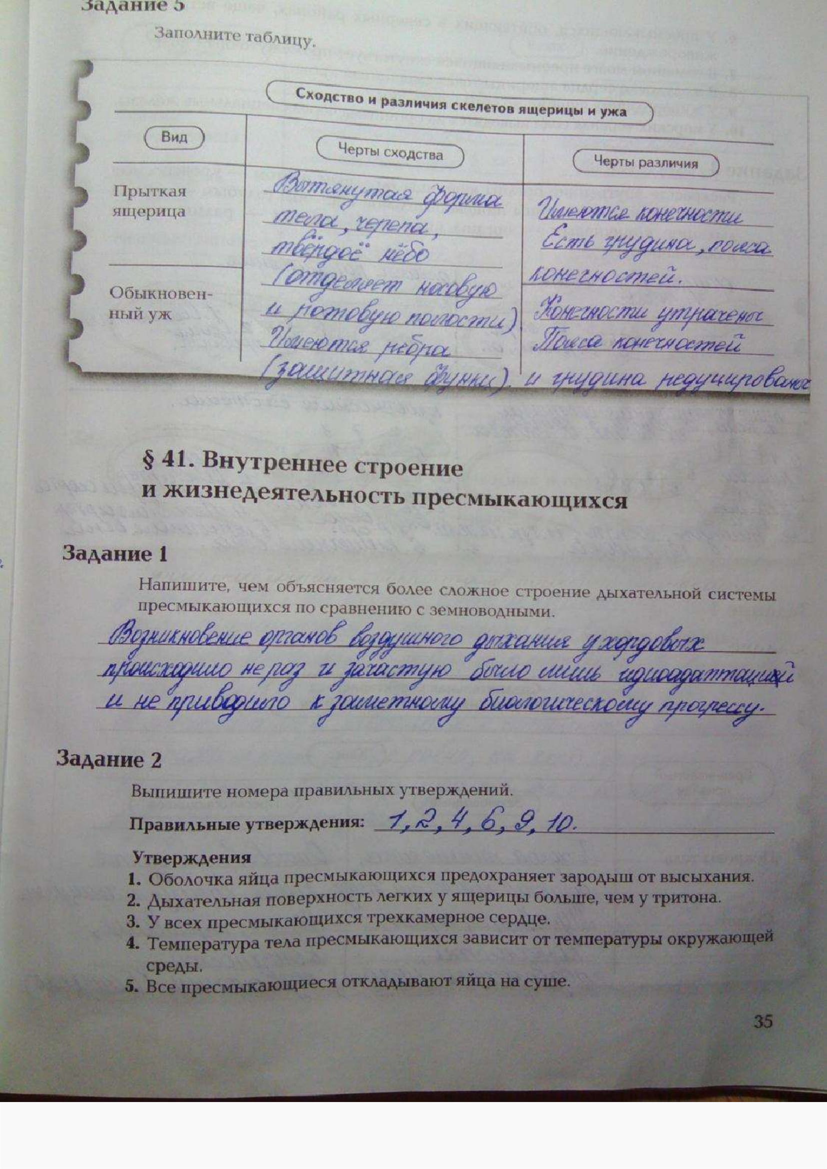 Страница (упражнение) 35 рабочей тетради. Ответ на вопрос упражнения 35 ГДЗ рабочая тетрадь по биологии 7 класс Суматохин, Кучменко