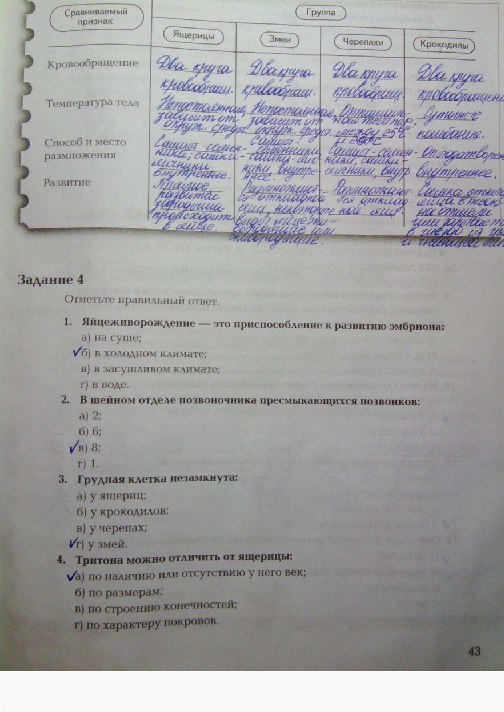 Страница (упражнение) 43 рабочей тетради. Ответ на вопрос упражнения 43 ГДЗ рабочая тетрадь по биологии 7 класс Суматохин, Кучменко