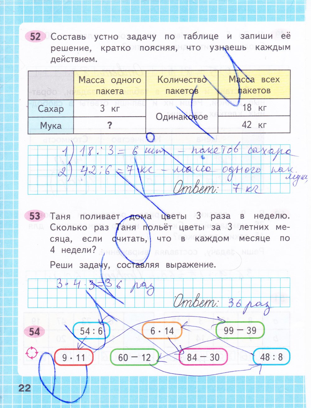 Страница (упражнение) 22 рабочей тетради. Страница 22 ГДЗ рабочая тетрадь по математике 3 класс Моро