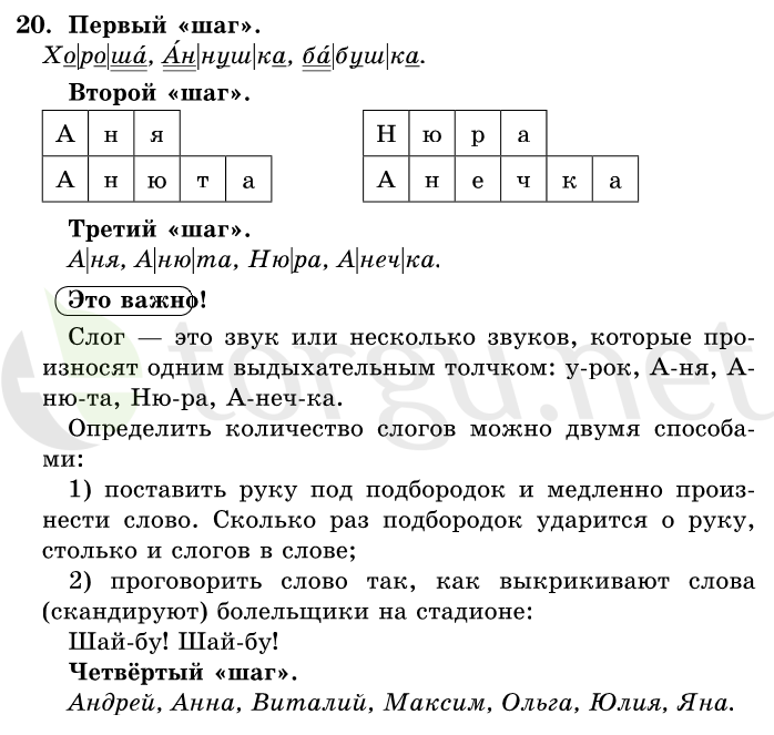 Страница (упражнение) 20 учебника. Ответ на вопрос упражнения 20 ГДЗ решебник по русскому языку 1 класс Первые уроки Бунеев, Бунеева, Пронина