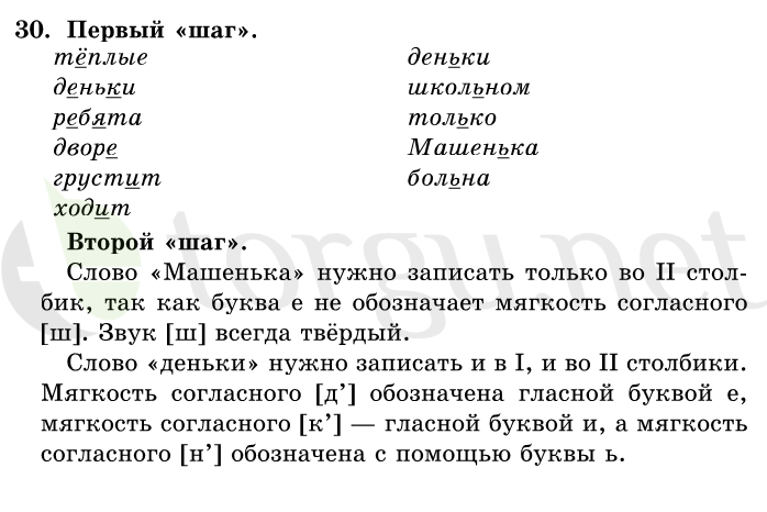 Страница (упражнение) 30 учебника. Ответ на вопрос упражнения 30 ГДЗ решебник по русскому языку 1 класс Первые уроки Бунеев, Бунеева, Пронина